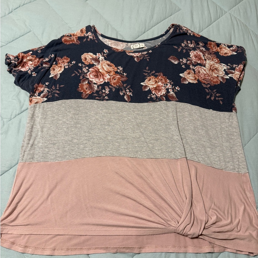 Maurices Navy Floral and Pink Striped Tee